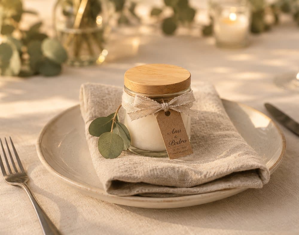 Mesa de evento decorada com velas personalizadas BuonaCera