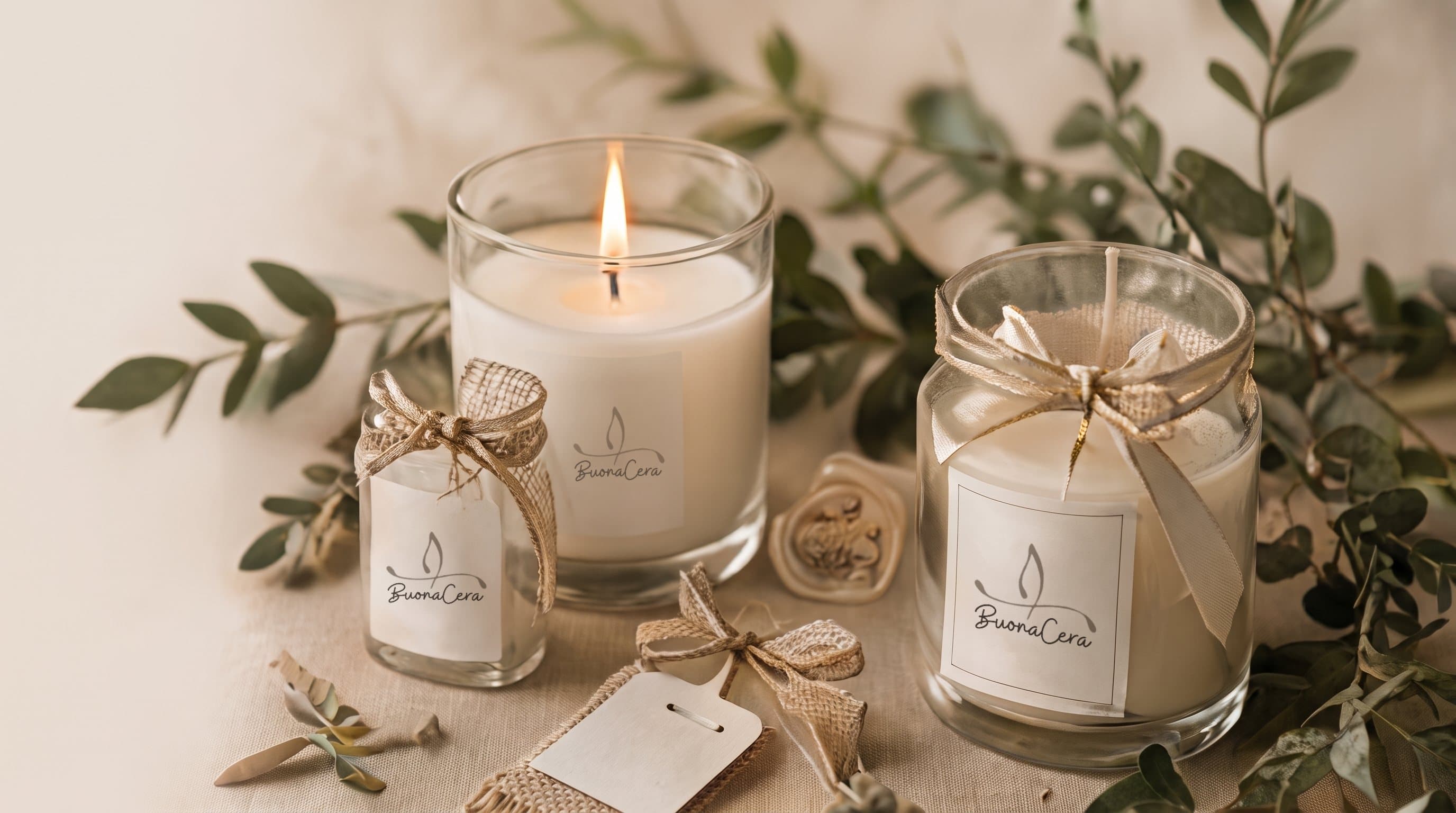 Velas BuonaCera em potes de vidro com laços de juta e rótulos com a logo, uma acesa, entre ramos de eucalipto